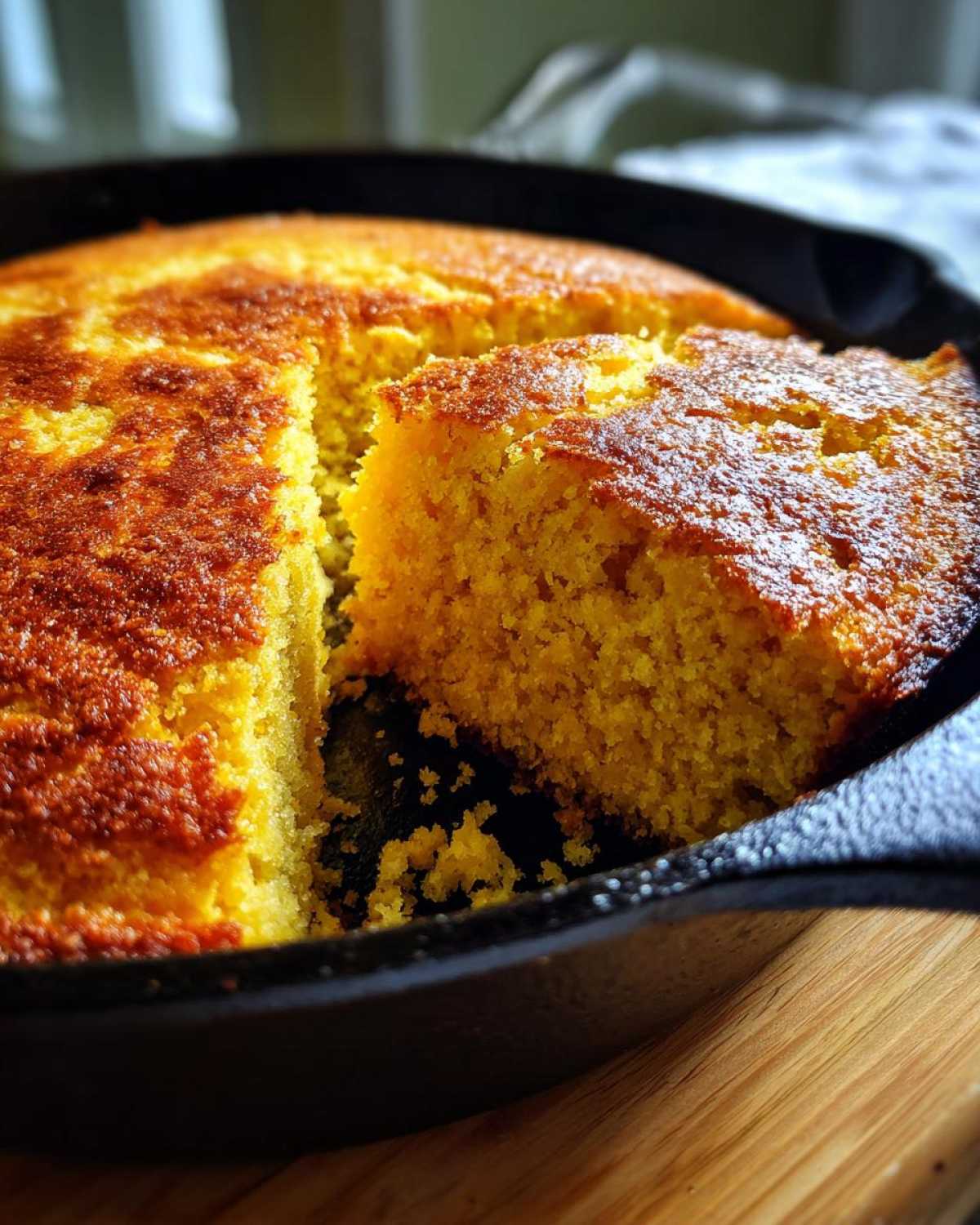 A close-up of golden-brown skillet cornbread with one slice cut out, showing the moist interior.