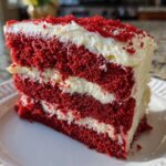 A tall, moist slice of red velvet cake layered with cream cheese frosting and topped with red velvet crumbs.