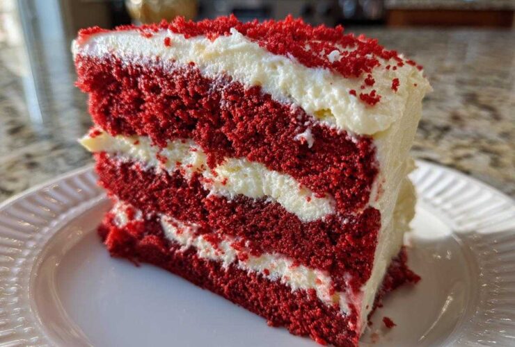 A tall, moist slice of red velvet cake layered with cream cheese frosting and topped with red velvet crumbs.