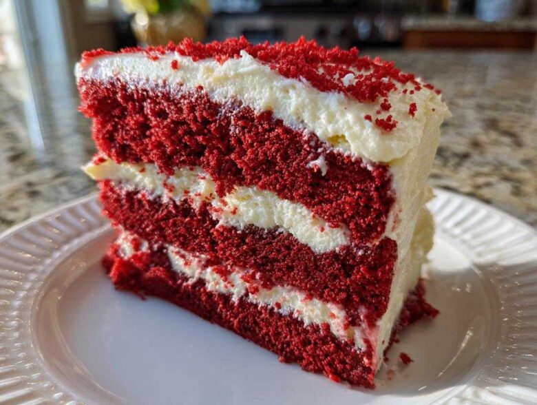 A tall, moist slice of red velvet cake layered with cream cheese frosting and topped with red velvet crumbs.
