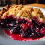 Close-up of a slice of berry cobbler showing juicy, dark berries and a golden crumb topping.