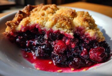 Close-up of a slice of berry cobbler showing juicy, dark berries and a golden crumb topping.