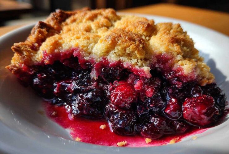 Close-up of a slice of berry cobbler showing juicy, dark berries and a golden crumb topping.
