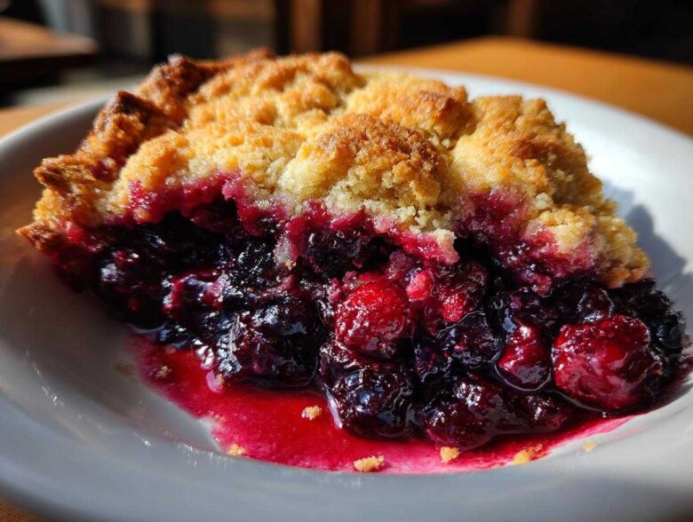 Close-up of a slice of berry cobbler showing juicy, dark berries and a golden crumb topping.