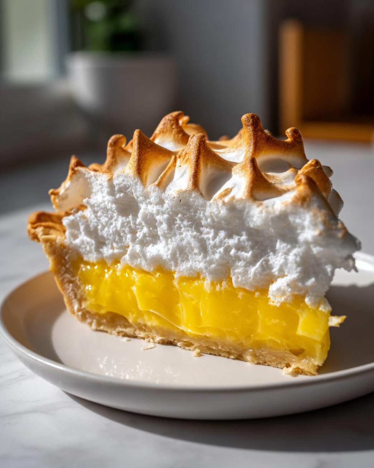 A thick slice of lemon meringue pie showing bright yellow filling and tall, toasted meringue peaks.
