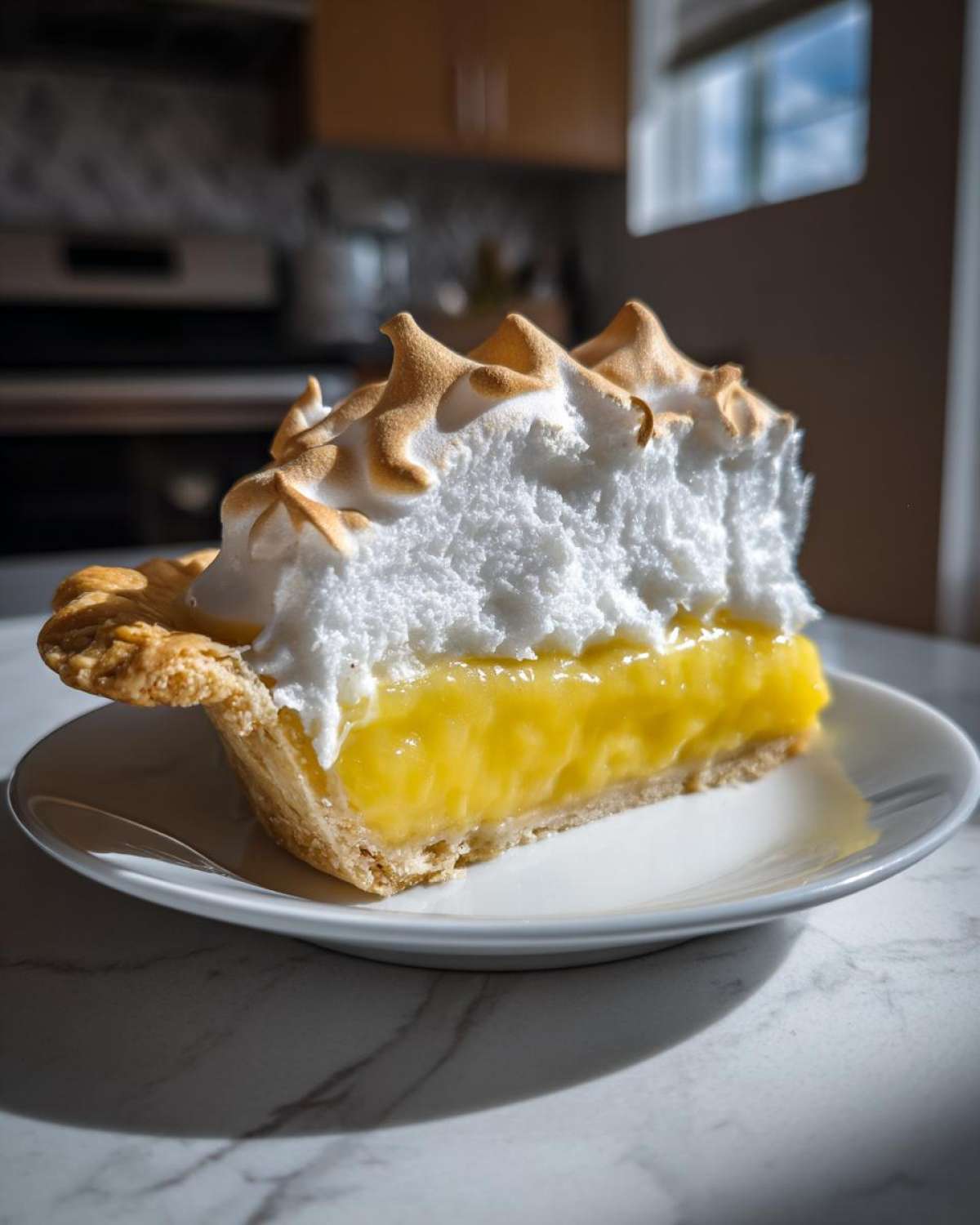 A tall slice of lemon meringue pie showing bright yellow filling and fluffy, toasted meringue topping.