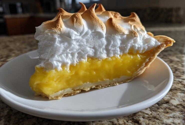 A tall slice of lemon meringue pie showing bright yellow curd and perfectly browned meringue peaks.