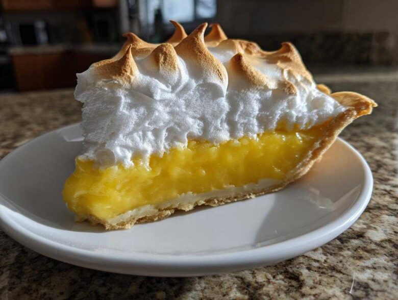 A tall slice of lemon meringue pie showing bright yellow curd and perfectly browned meringue peaks.