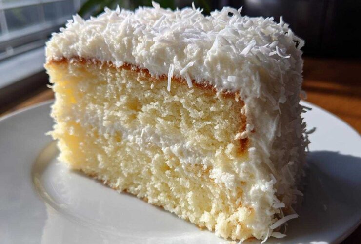 Close-up of a moist slice of coconut cake layered with white frosting and topped with shredded coconut.