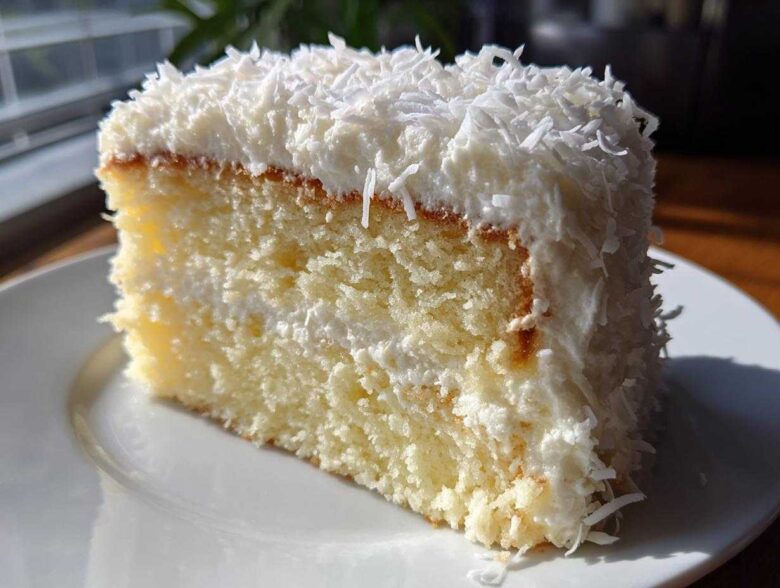 Close-up of a moist slice of coconut cake layered with white frosting and topped with shredded coconut.