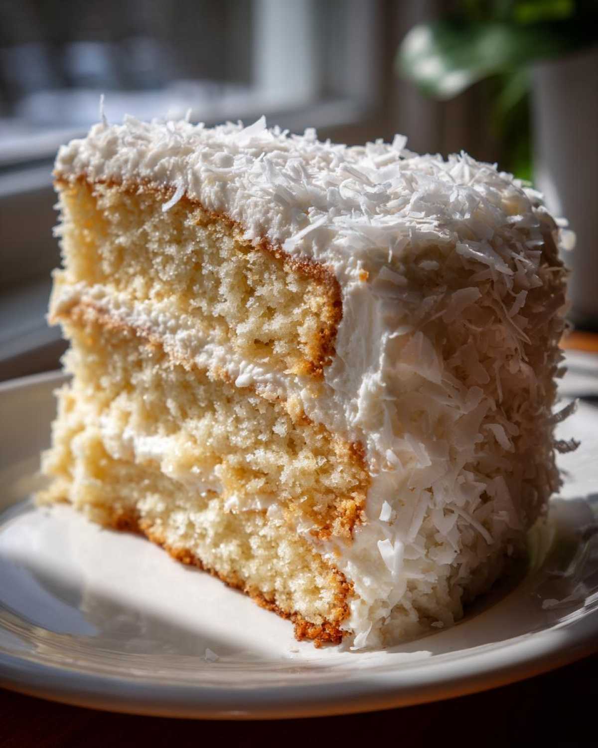 A close-up, sunlit slice of moist 3-layer coconut cake covered in white frosting and shredded coconut flakes.