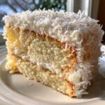 Close-up of a moist slice of 3-layer coconut cake, covered in white frosting and shredded coconut.