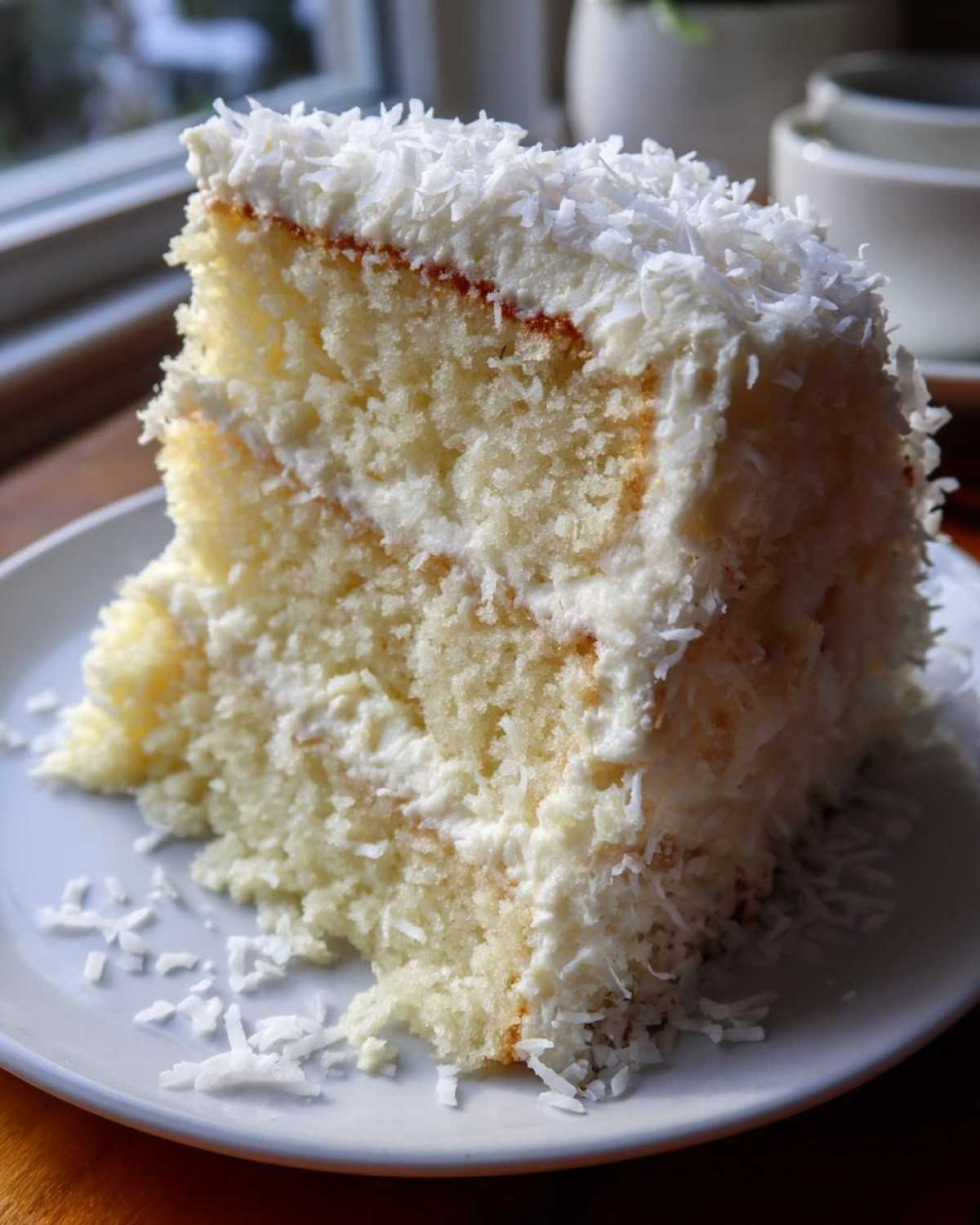 Close-up of a moist slice of 3-layer coconut cake covered in white frosting and shredded coconut flakes.