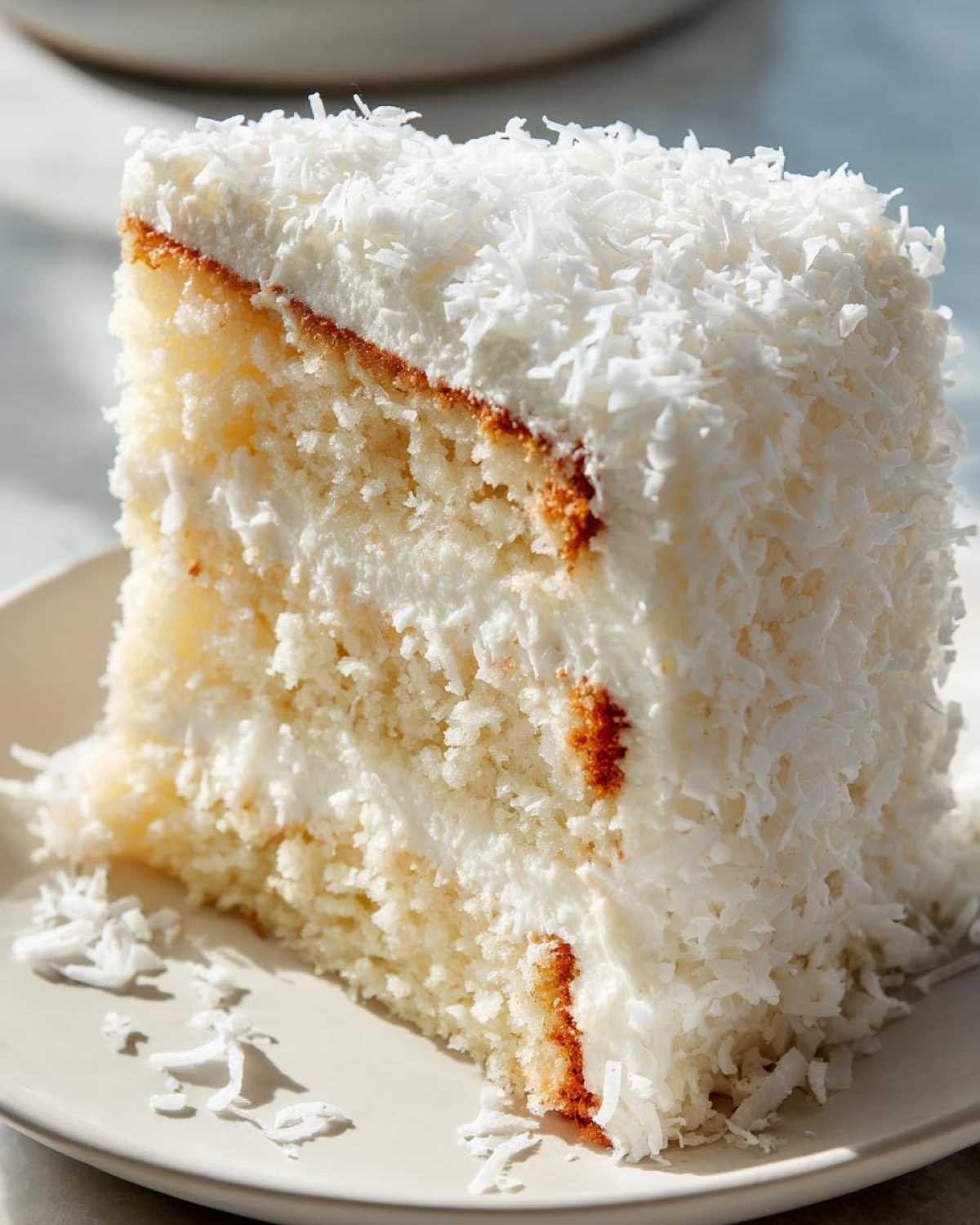 Close-up of a moist slice of 3-layer coconut cake, heavily frosted and covered in shredded coconut flakes.