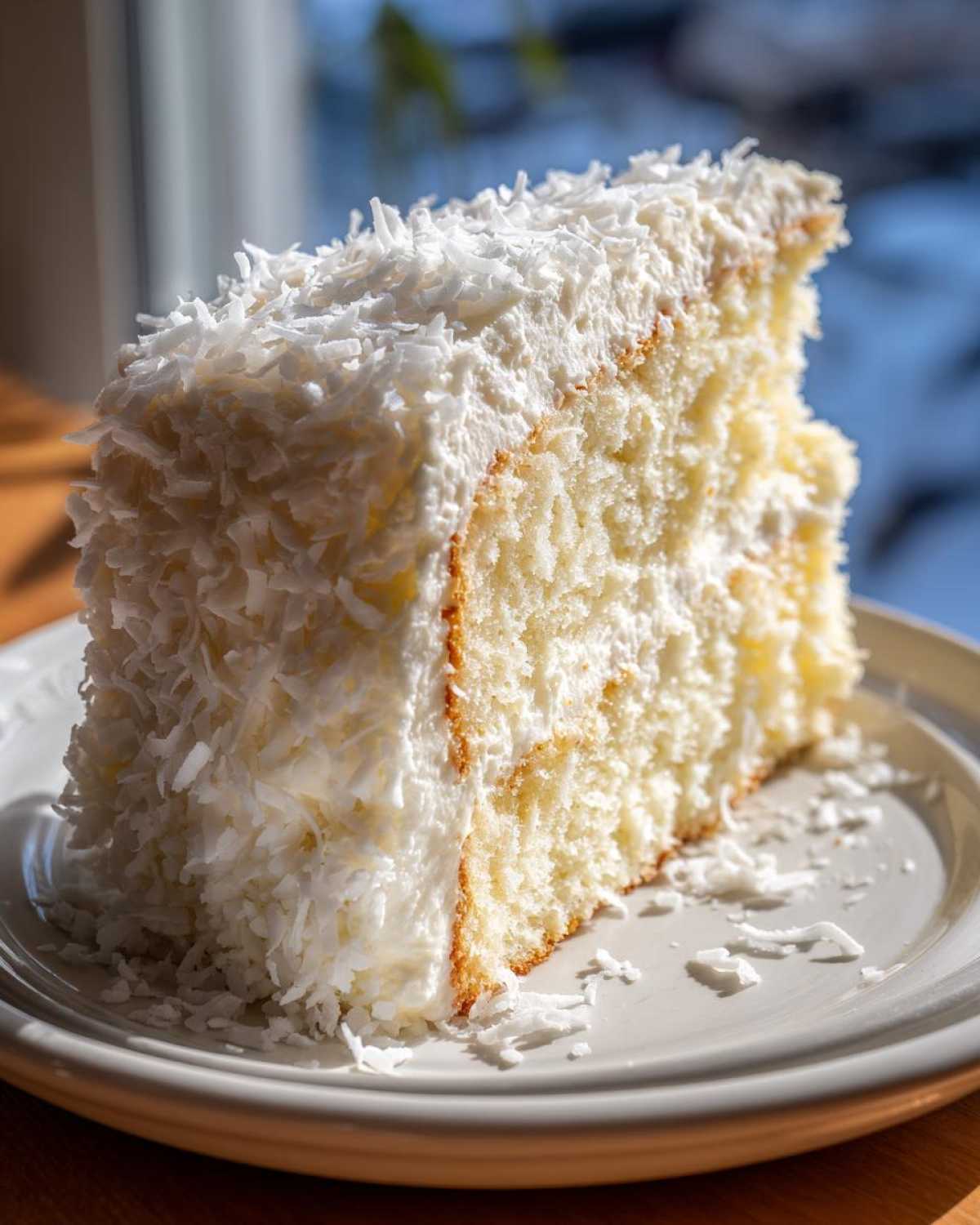 A generous slice of moist, white coconut cake layered with frosting and covered in shredded coconut.
