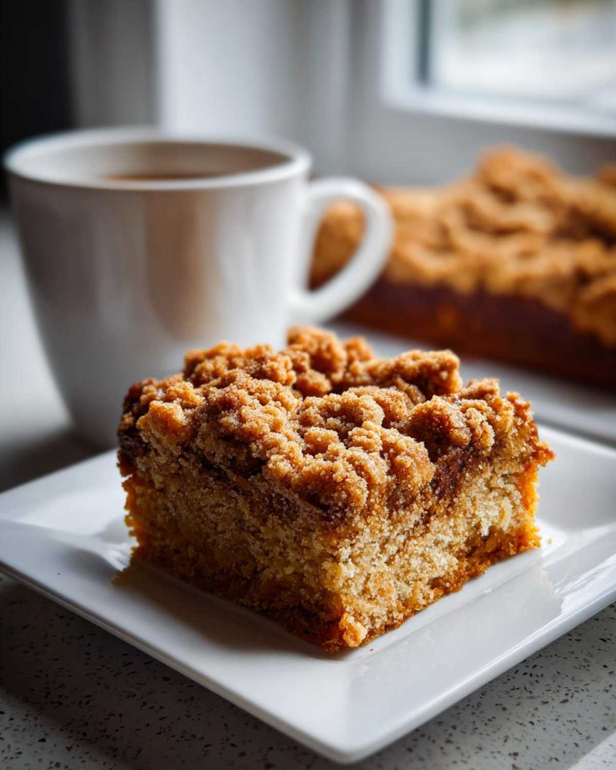 A square slice of rich coffee cake with a thick, sugary crumb topping served on a white plate next to a mug.