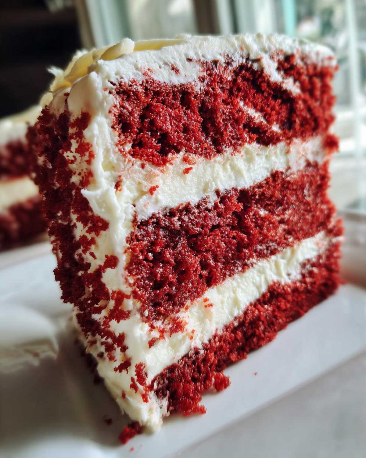 Close-up of a tall slice of moist red velvet cake layered with thick white cream cheese frosting.