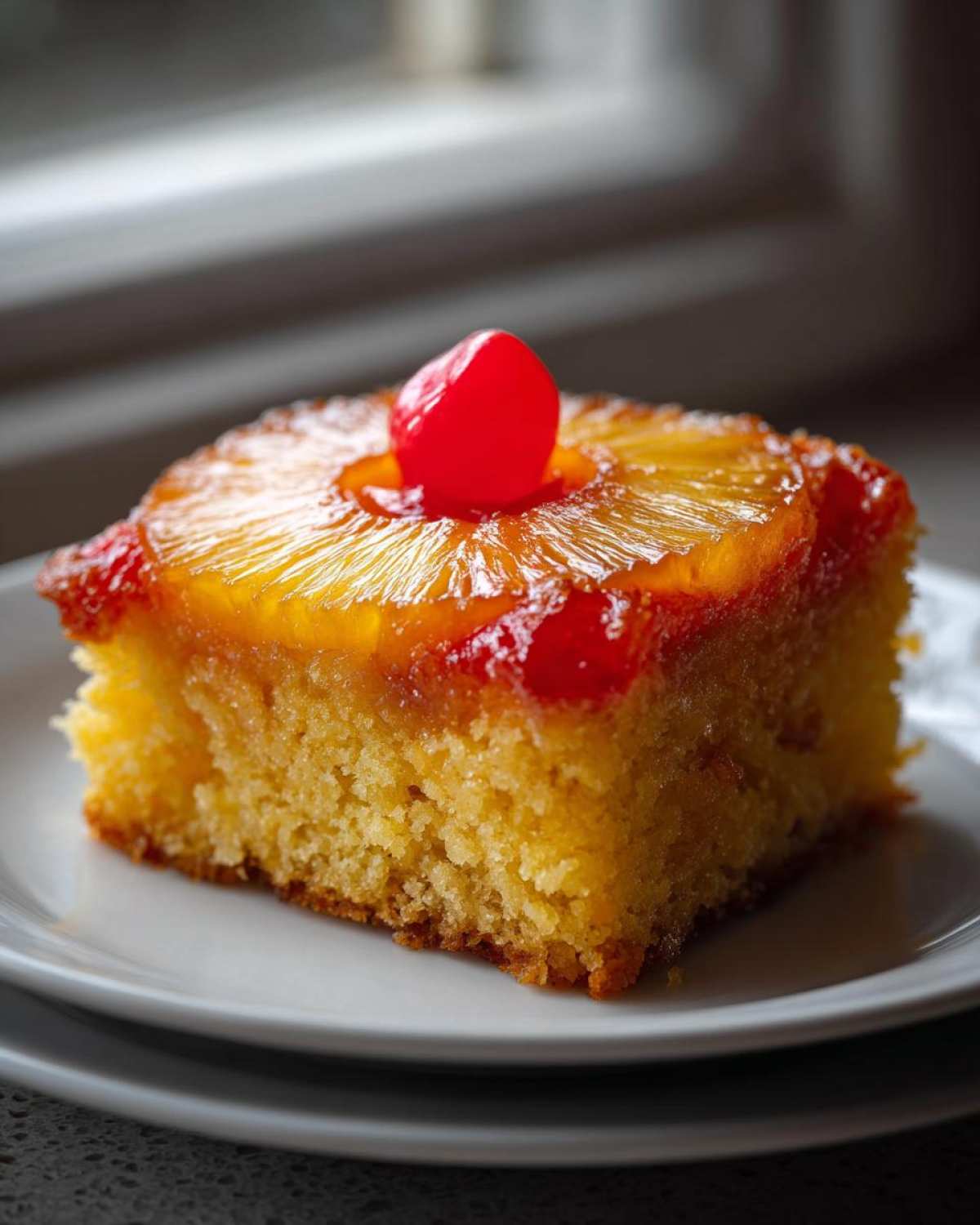 A moist slice of pineapple upside down cake topped with a caramelized pineapple ring and a bright red maraschino cherry.