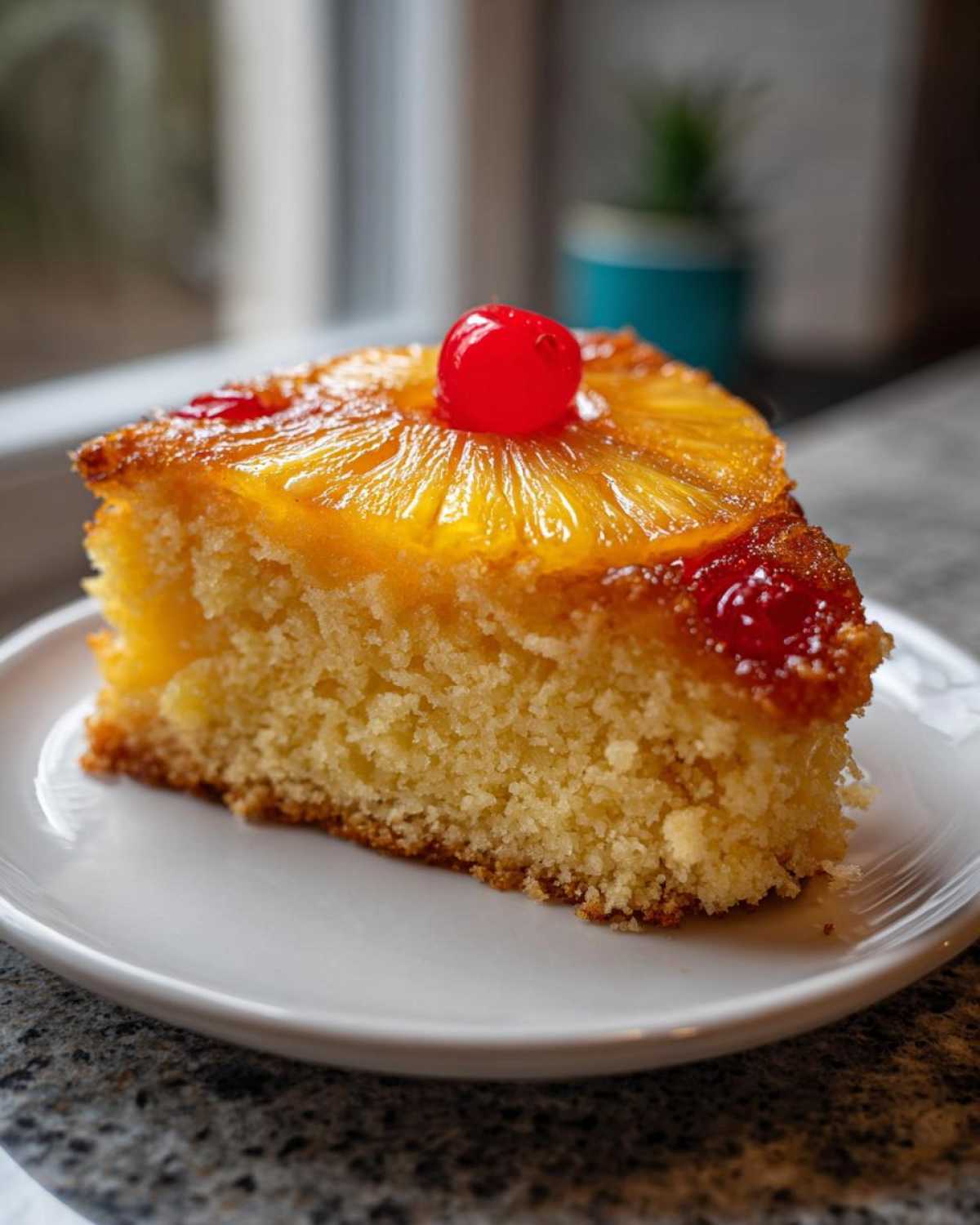 A moist slice of pineapple upside down cake topped with a caramelized pineapple ring and a maraschino cherry.