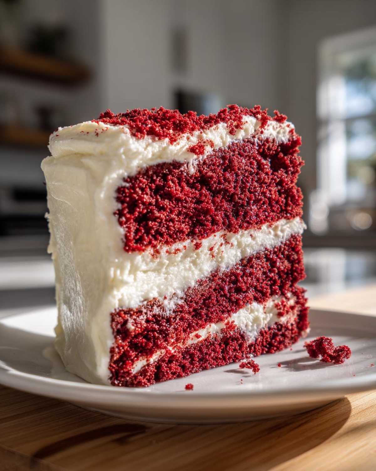 A tall, moist slice of red velvet cake with two layers of bright red cake separated by thick white cream cheese frosting.
