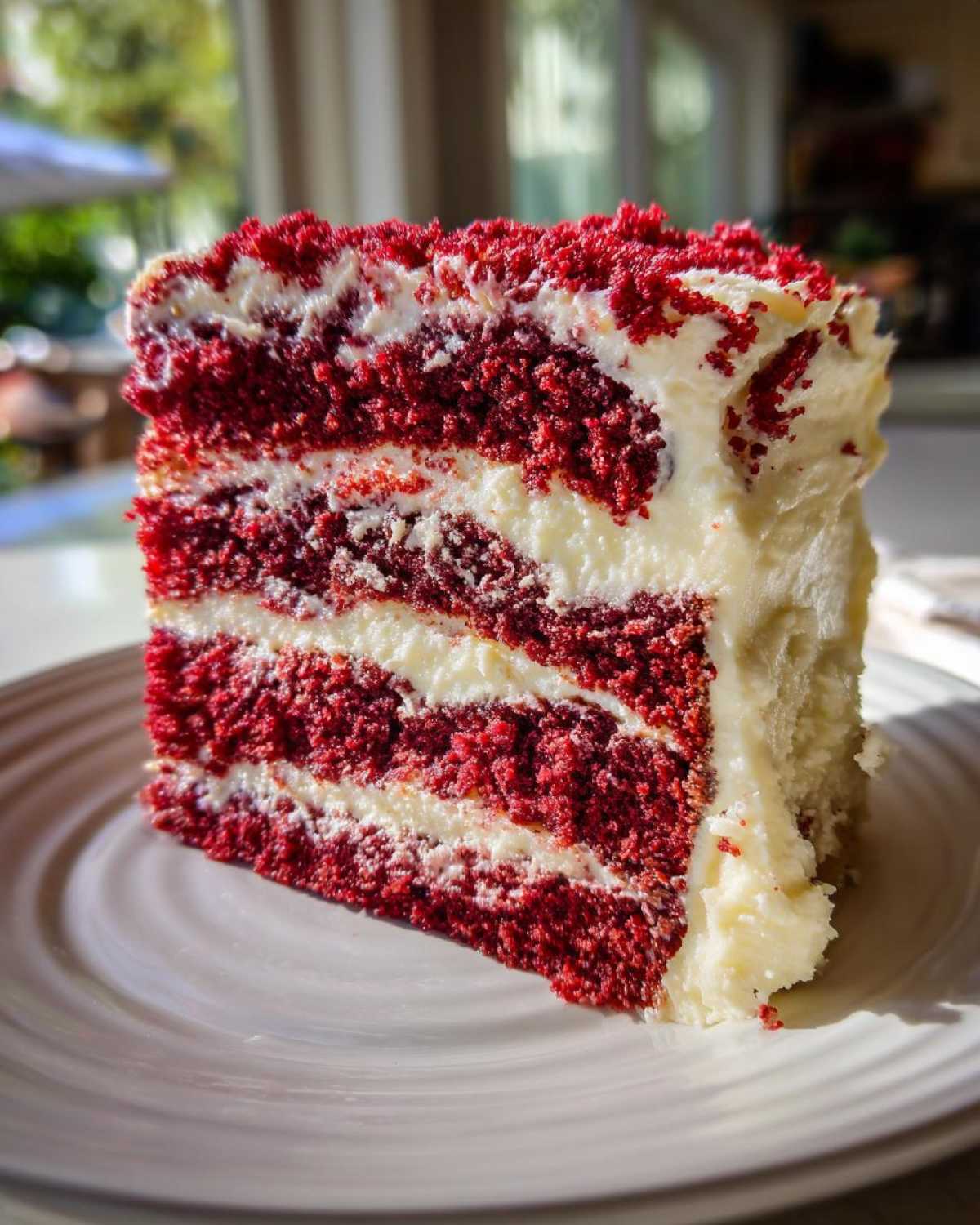 A tall, moist slice of red velvet cake with three layers of deep red cake separated by thick white cream cheese frosting.