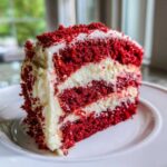 A close-up of a moist slice of red velvet cake layered with cream cheese frosting.