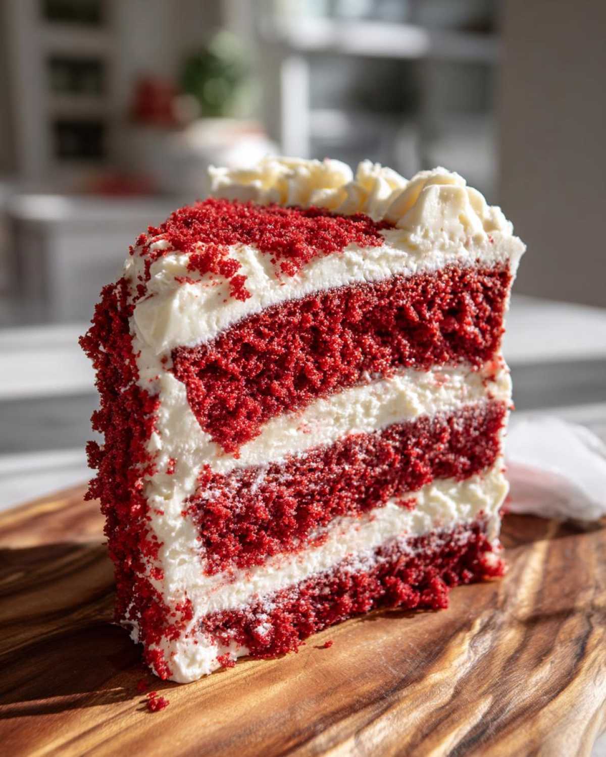 A tall, decadent slice of red velvet cake with three layers of deep red cake and cream cheese frosting.