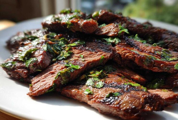 Close-up of grilled, sliced steak seasoned with cilantro, showcasing the results of the carne asada marinade.