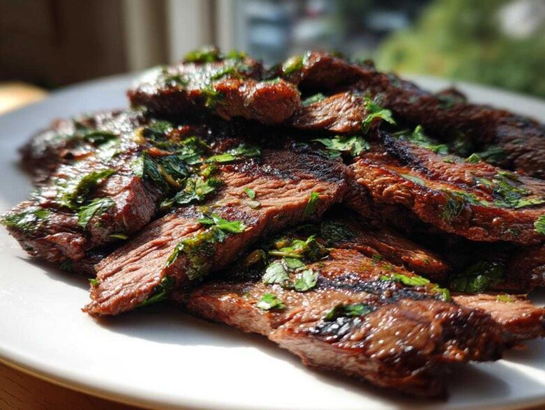 Close-up of grilled, sliced steak seasoned with cilantro, showcasing the results of the carne asada marinade.