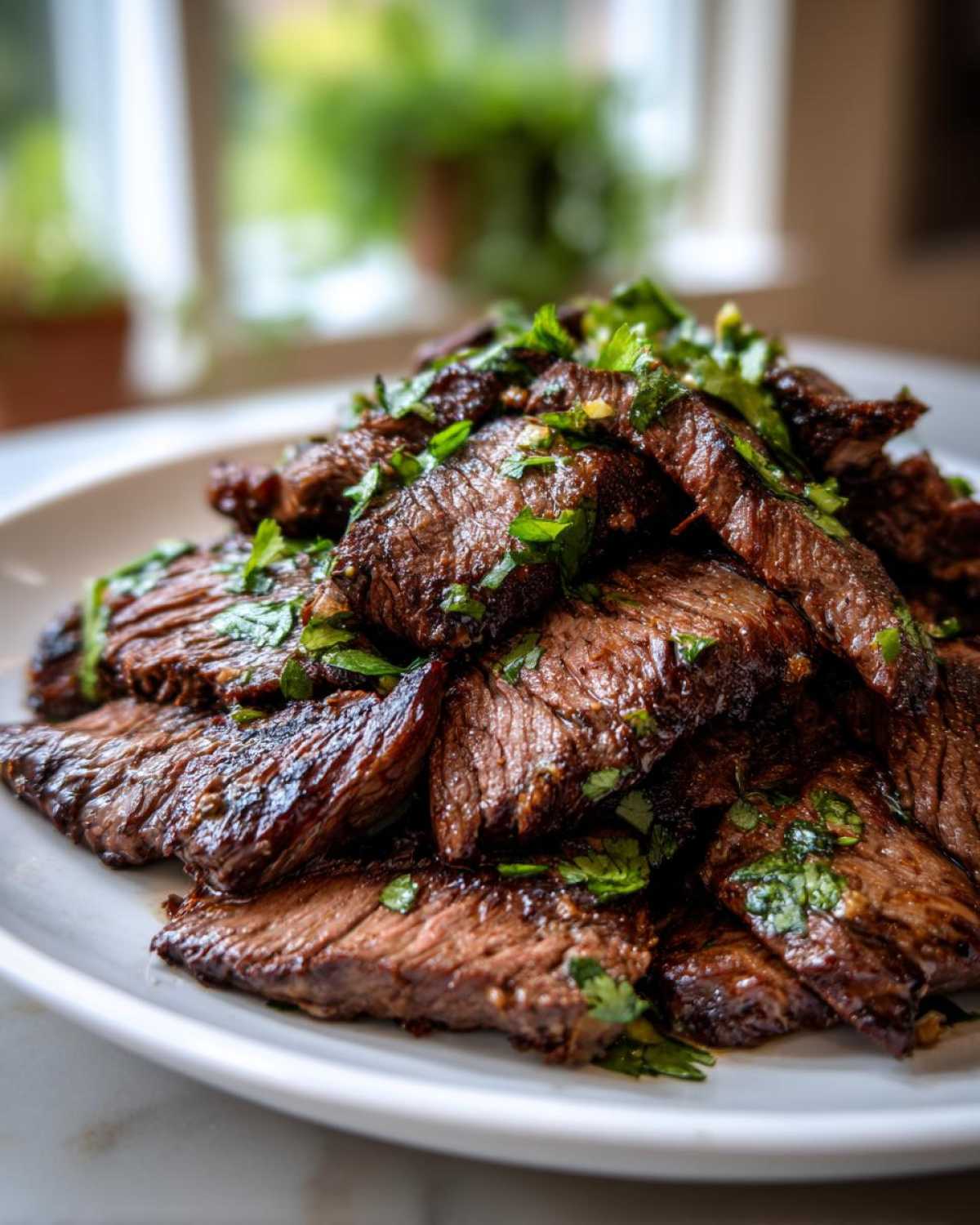 Close-up of sliced, grilled steak coated in a rich sauce and topped with fresh cilantro, showing the results of the carne asada marinade.