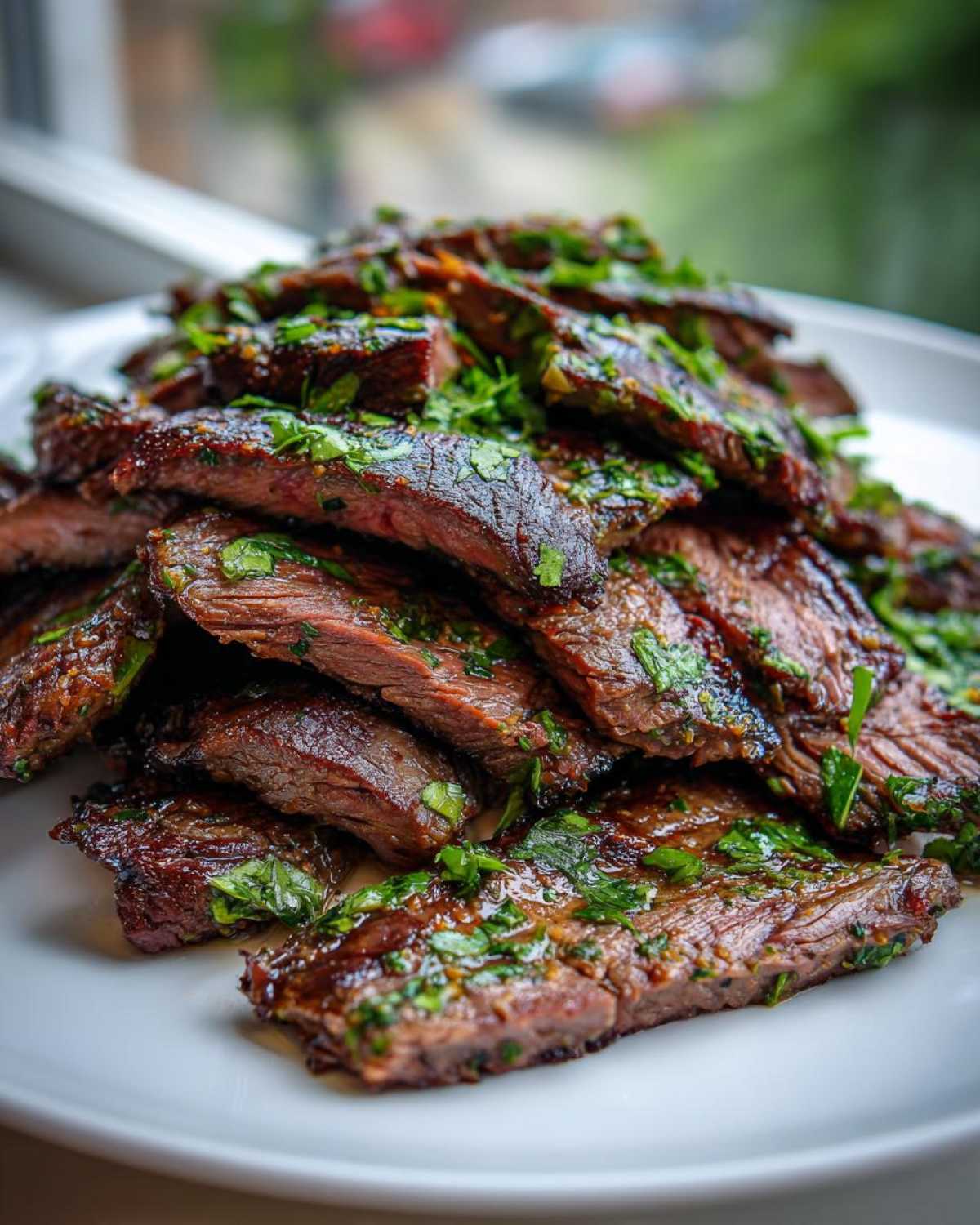 Close-up of thinly sliced, grilled steak pieces generously topped with fresh cilantro, showing the results of the carne asada marinade.