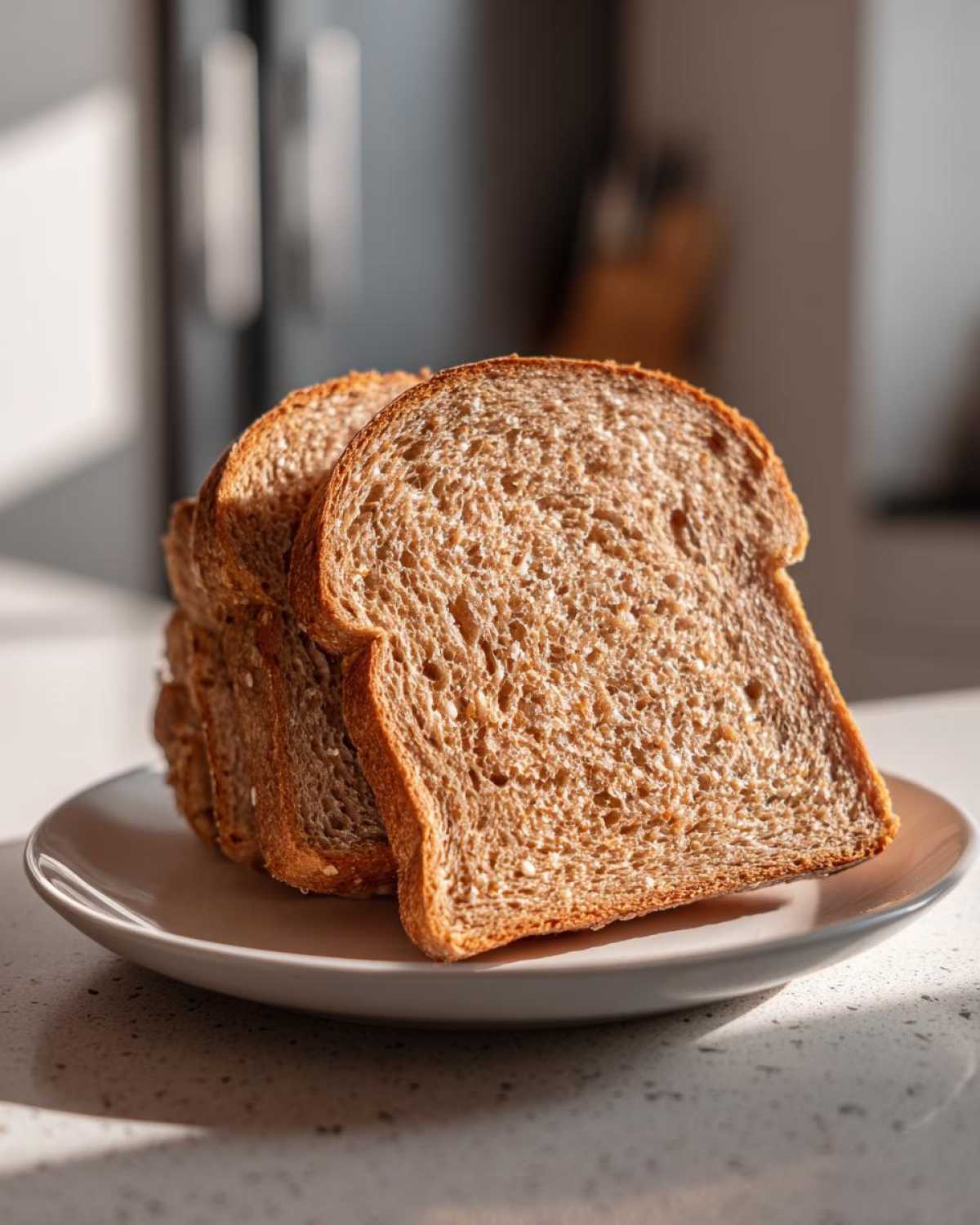 Close-up of three slices of freshly baked whole wheat bread stacked on a small plate, catching morning light.