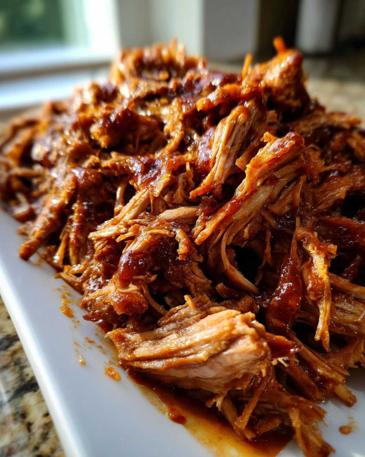 Close-up of tender, saucy Slow cooker pulled pork shredded and piled high on a white platter.