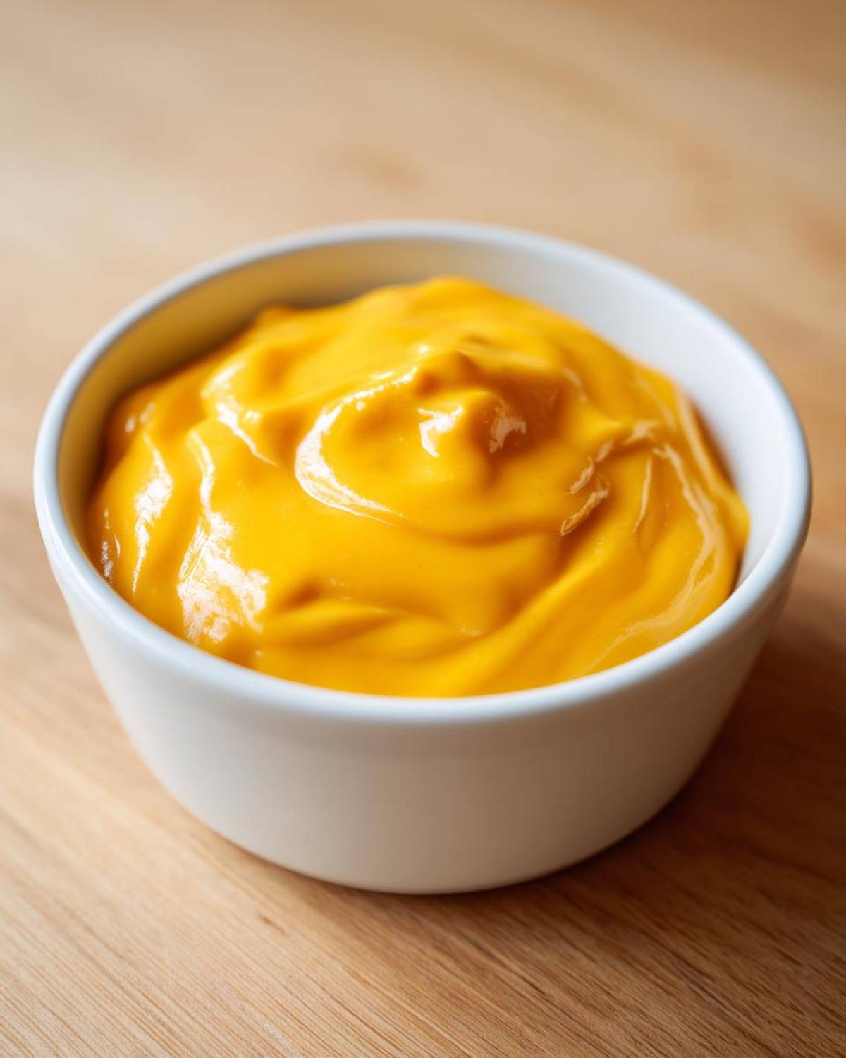A small white bowl filled with vibrant, smooth homemade nacho cheese sauce on a wooden surface.