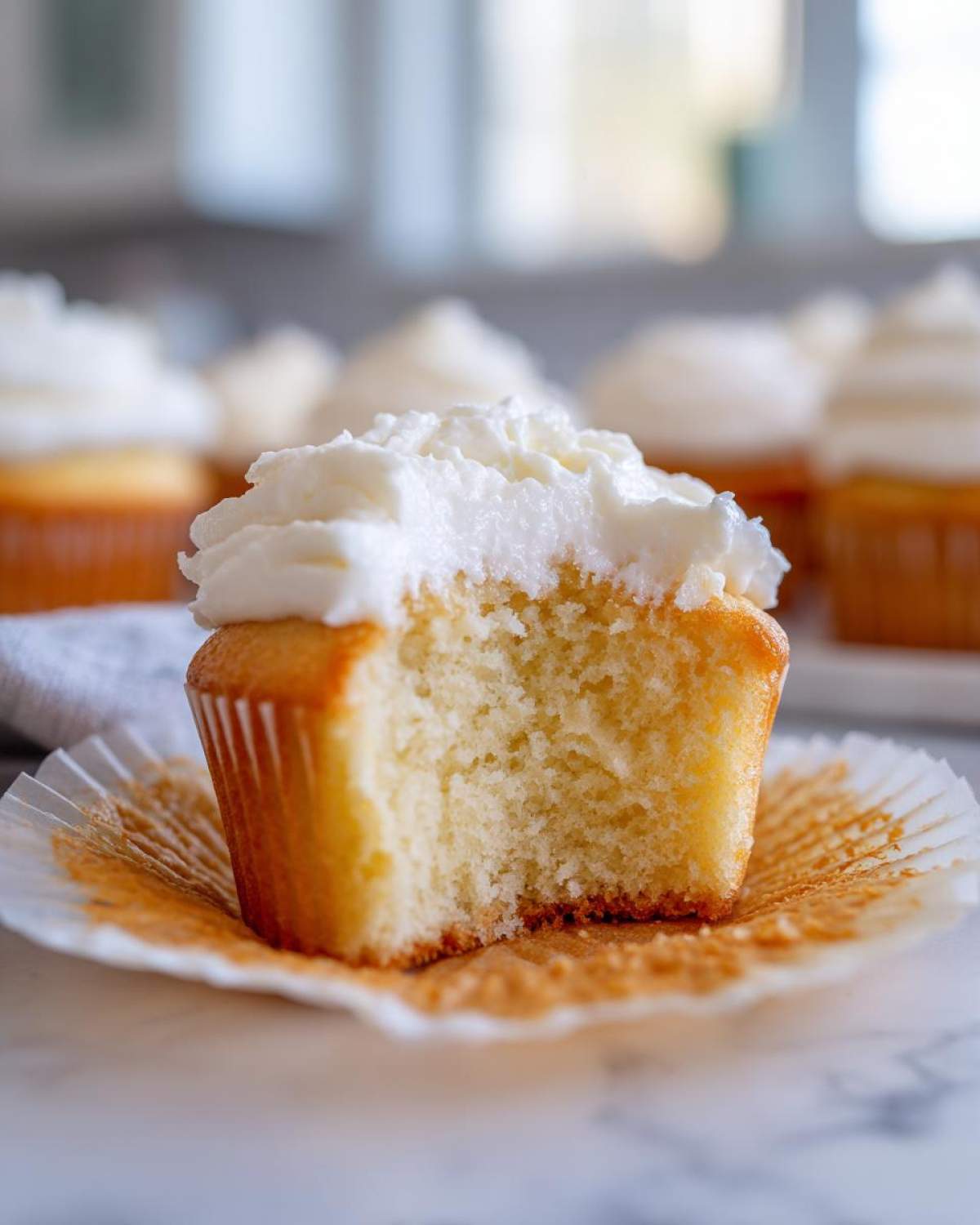 Close-up of a vanilla cupcake with a bite taken out, showing the soft, moist crumb and thick white frosting.