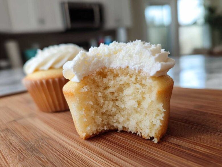 A vanilla cupcake cut in half showing its soft, moist crumb and white vanilla frosting. Another vanilla cupcake is visible in the background.