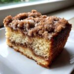 A moist slice of sour cream coffee cake featuring a thick cinnamon streusel topping on a white plate.