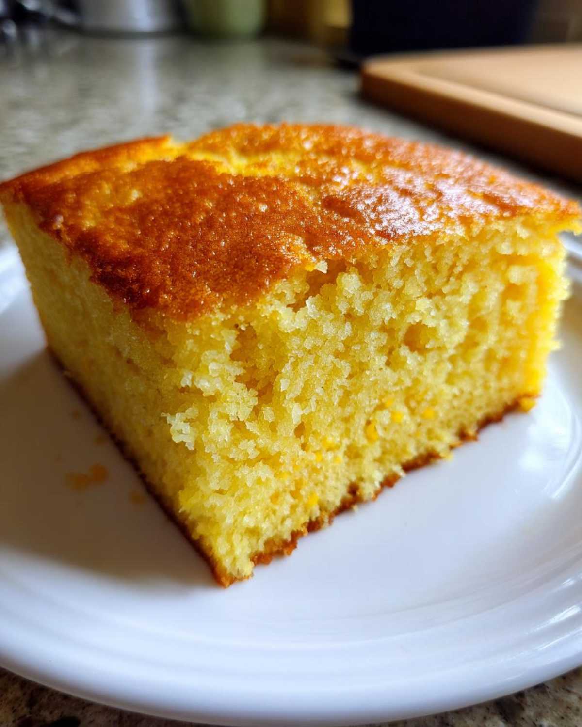 Close-up of a thick, golden slice of moist sourdough cornbread resting on a white plate.