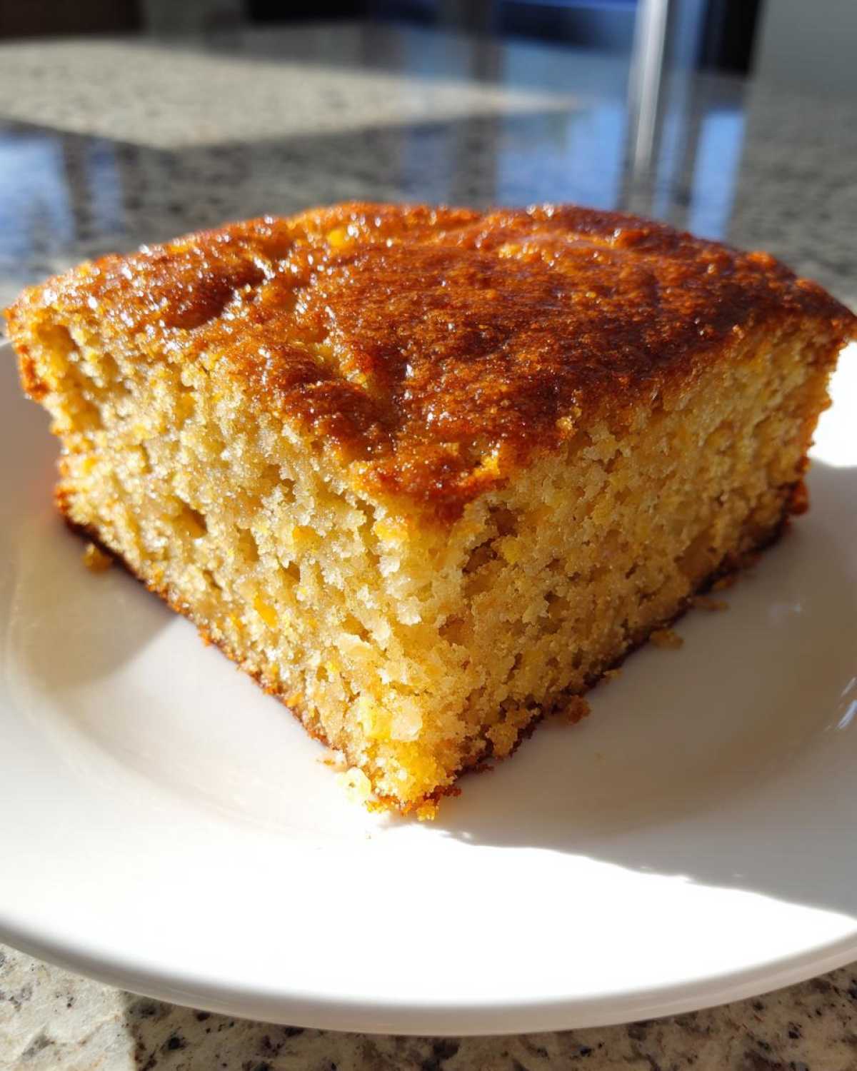Close-up of a moist, golden slice of sourdough cornbread resting on a white plate in bright sunlight.