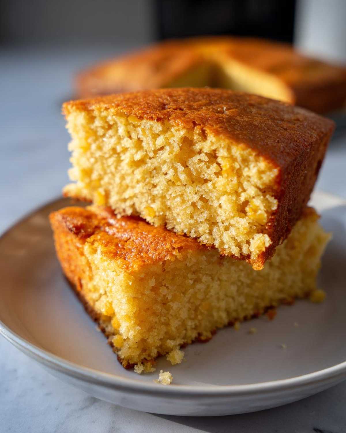 Two stacked squares of golden brown sourdough cornbread showing a moist, crumbly interior texture.