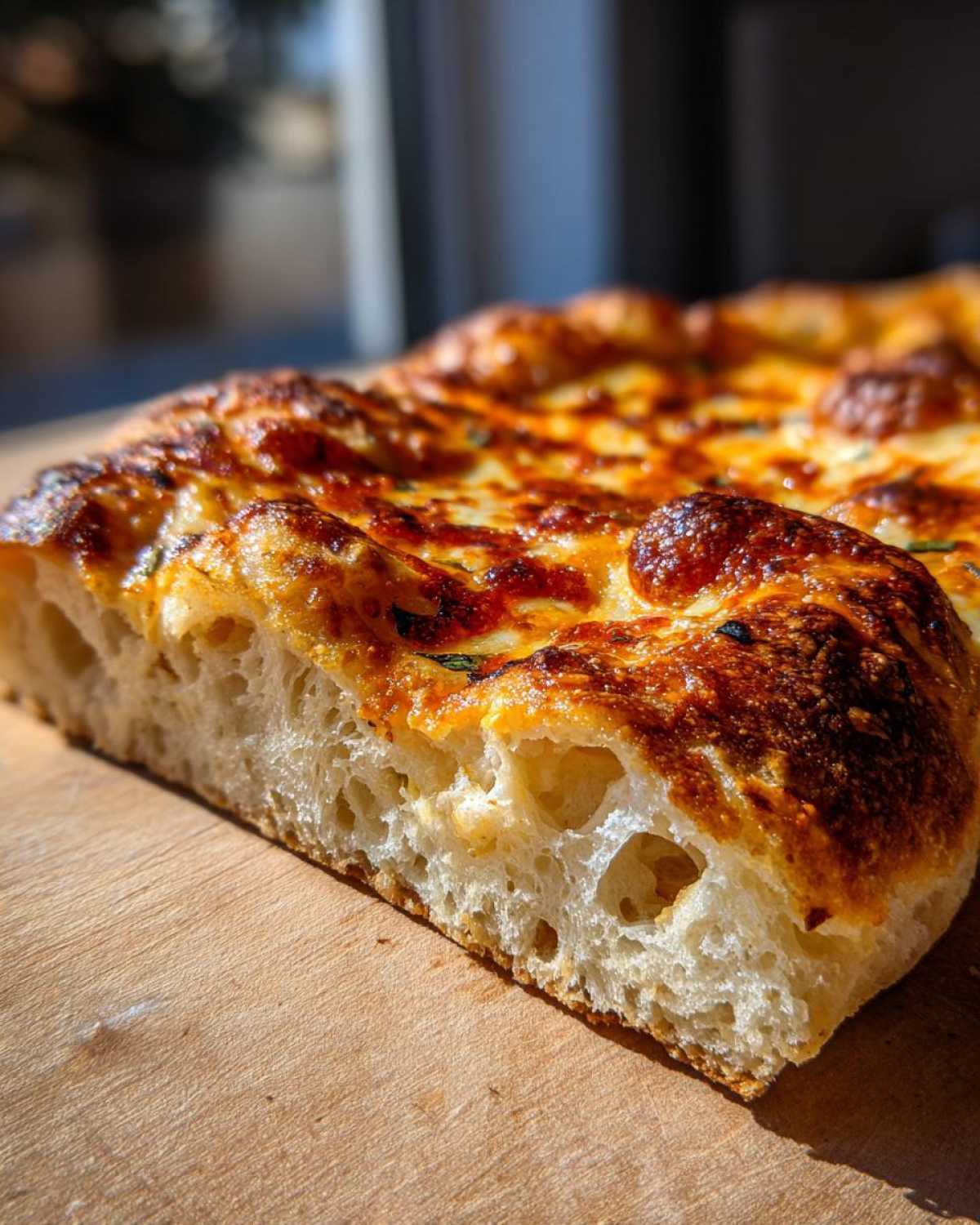 Close-up cross-section showing the airy, open crumb structure of sourdough discard pizza dough with a bubbly, browned cheese topping.