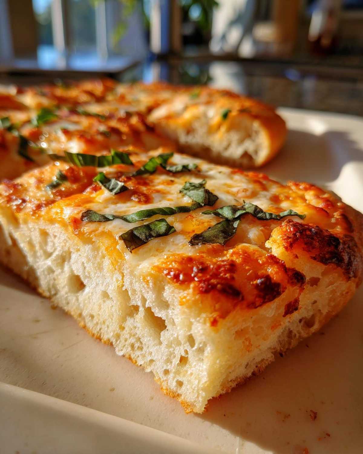 Close-up of a slice showing the airy, open crumb structure of sourdough discard pizza dough topped with cheese and basil.