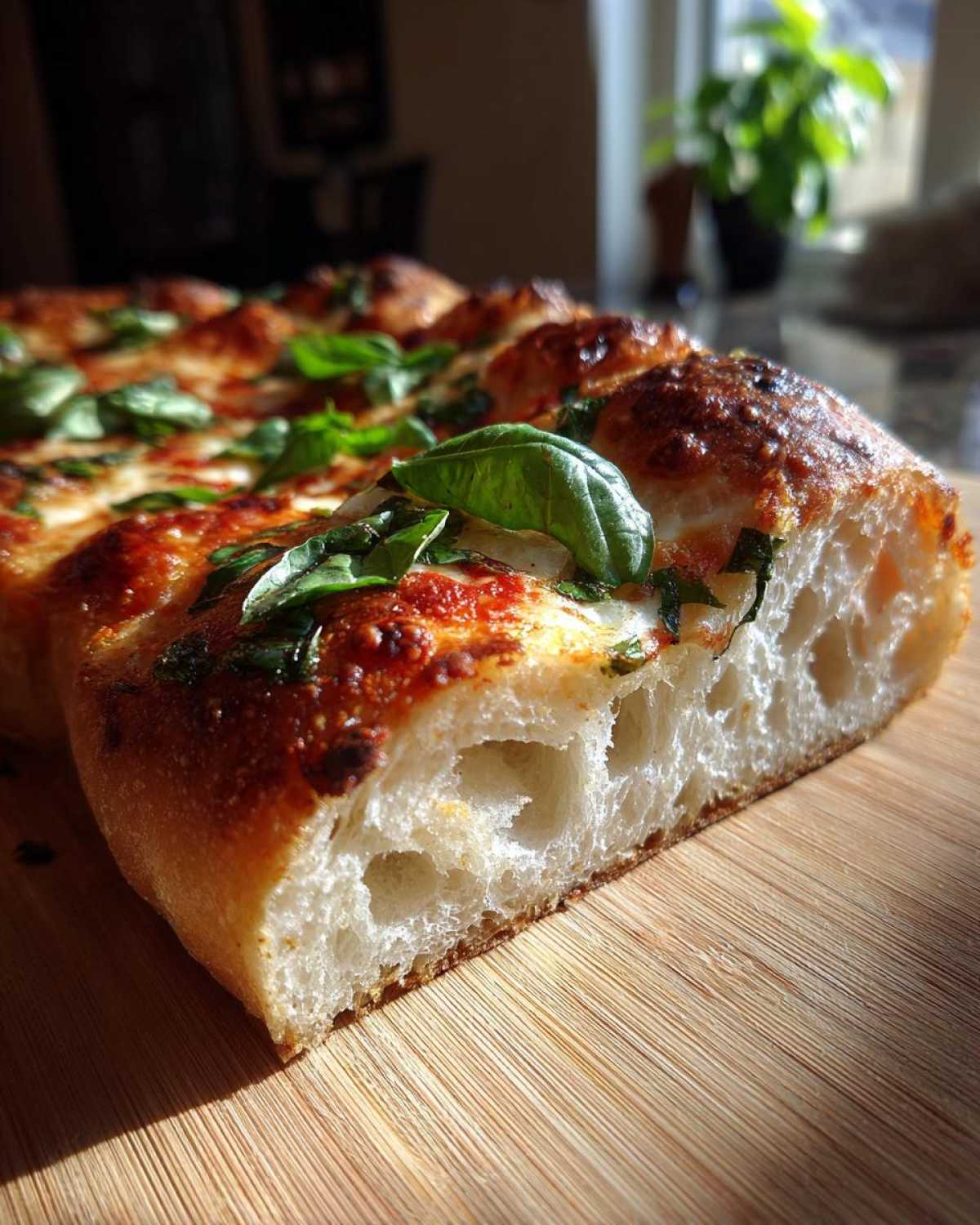 Close-up of a thick slice of pizza made with sourdough discard pizza dough, showing an airy, open crumb structure.