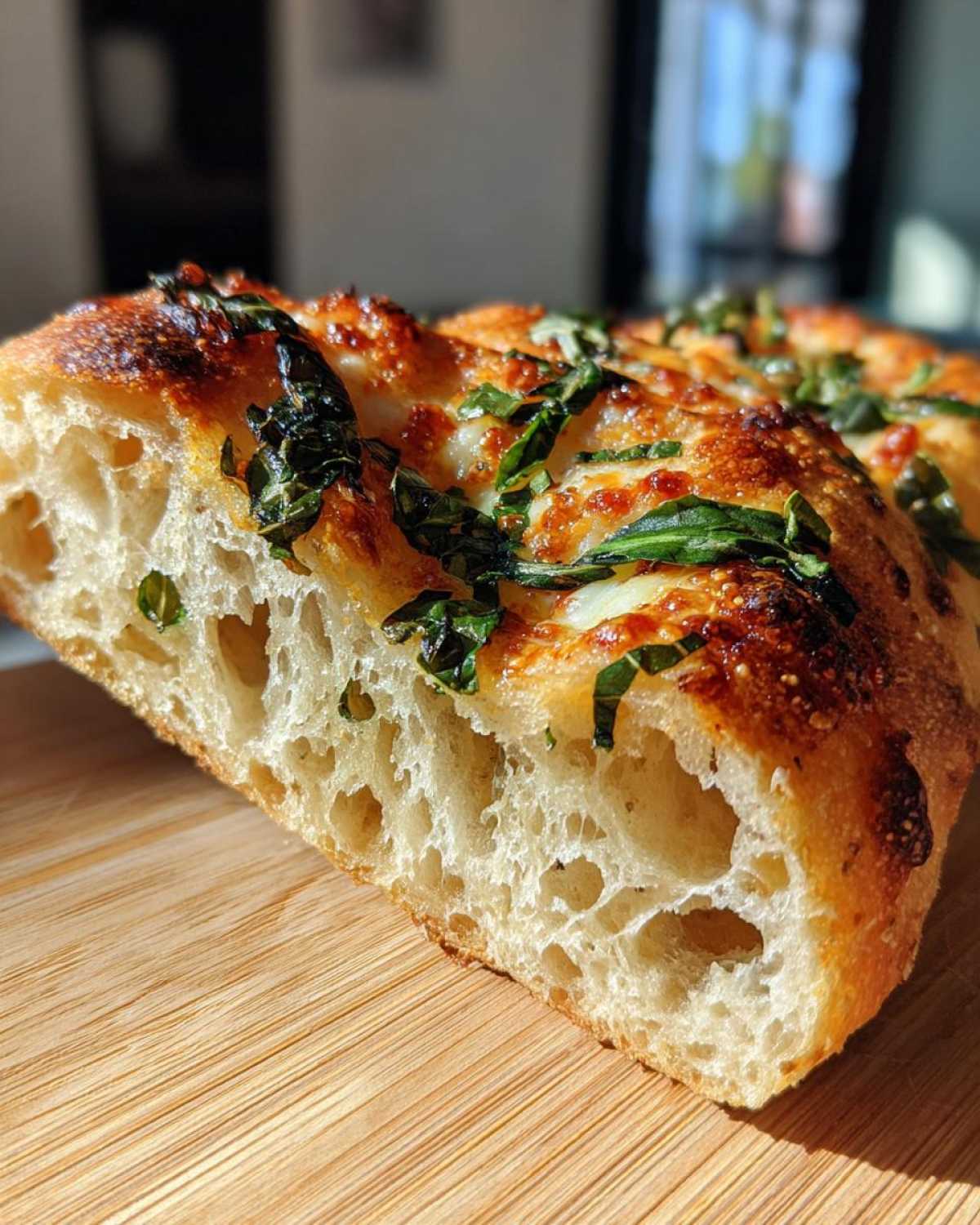 Close-up of the airy, open crumb structure of a baked sourdough discard pizza dough slice.