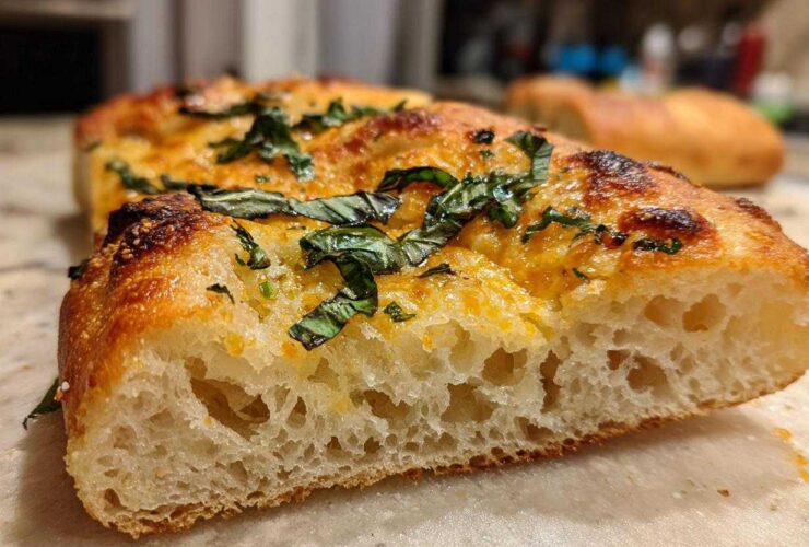 Close-up of the airy, open crumb structure of sourdough discard pizza dough topped with melted cheese and basil.