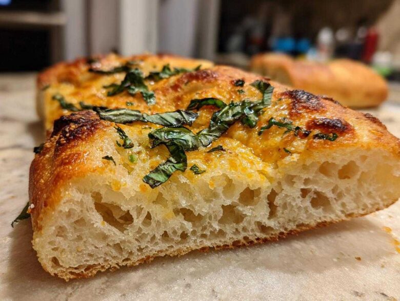 Close-up of the airy, open crumb structure of sourdough discard pizza dough topped with melted cheese and basil.