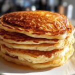 A tall stack of fluffy sourdough pancakes drizzled with syrup on a white plate.