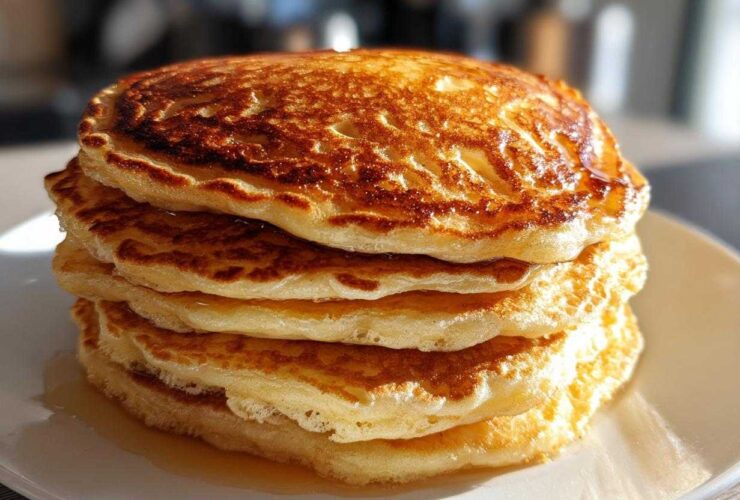 A tall stack of fluffy sourdough pancakes drizzled with syrup on a white plate.