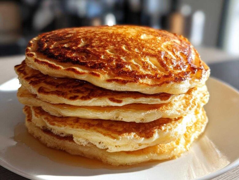 A tall stack of fluffy sourdough pancakes drizzled with syrup on a white plate.