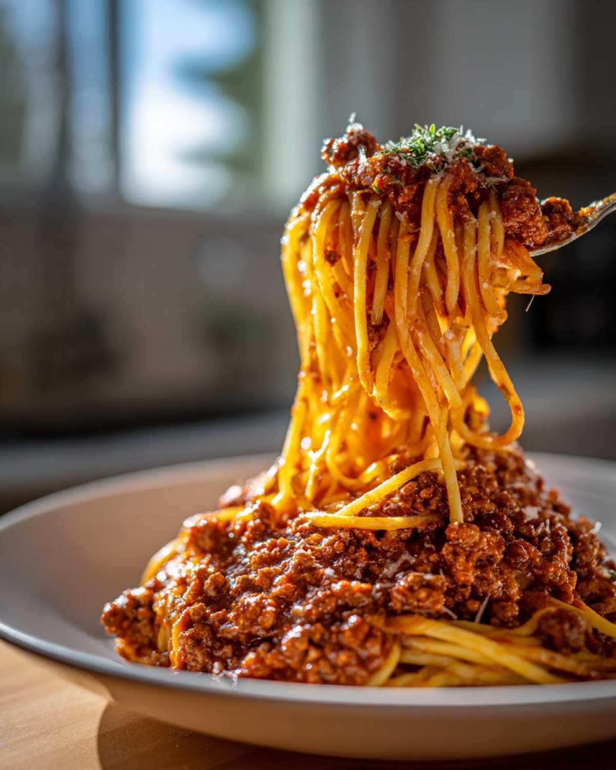 A fork lifts a generous twirl of spaghetti coated in rich, meaty bolognese sauce, topped with Parmesan.